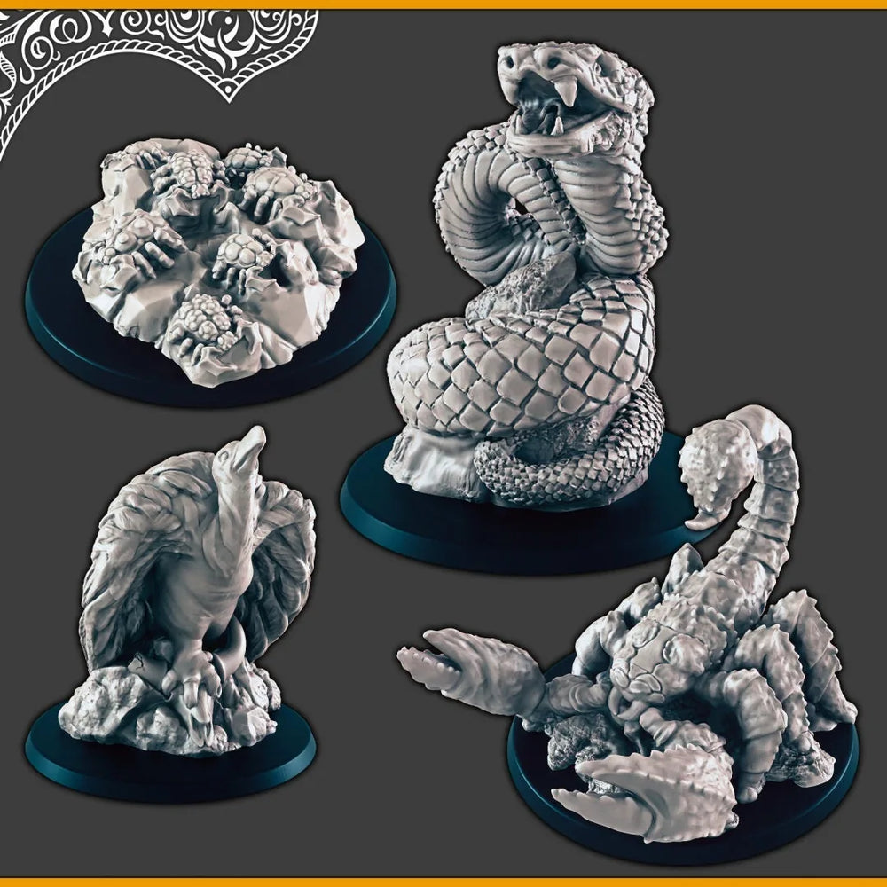 Animaux du désert - Mini DND, EC3D Sables brûlants, Miniatures du désert | Scorpion géant | Vautour | Scarabées | Essaim d'insectes | Vipère | Insectes