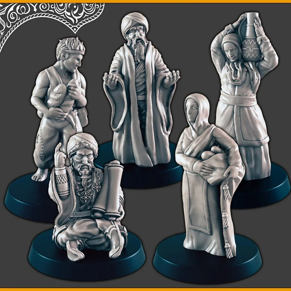 Peuple du désert / Gens des rues - Mini D&D - EC3D Sables brûlants, Figurines du désert | Villageois | Auberge | Oriental | Femme | Homme | Mendiant |