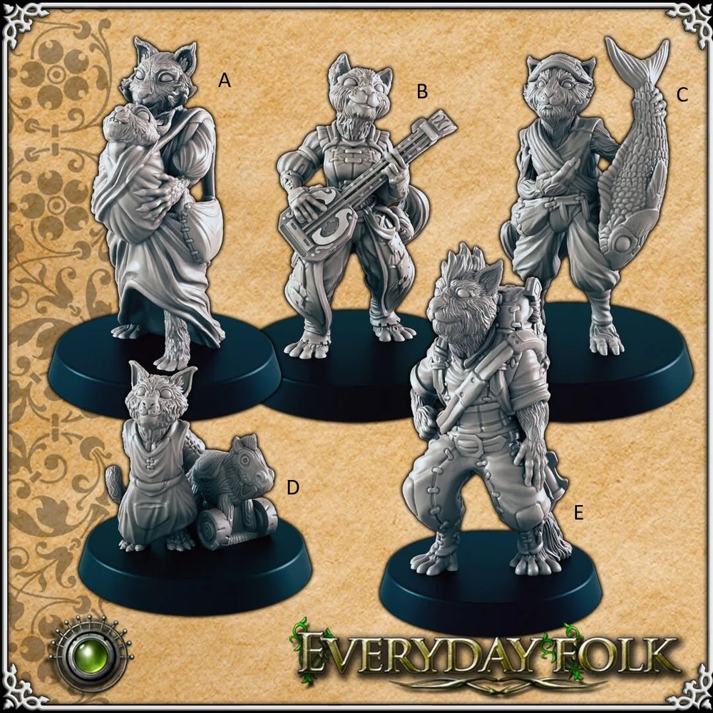 Ensemble de figurines Catfolk Commoners - EC3D, DnD | Gens de la ville | Paysan | Animal | Bête | Pêcheur | 28mm 32mm | Pathfinder | Fantaisie | Villageois