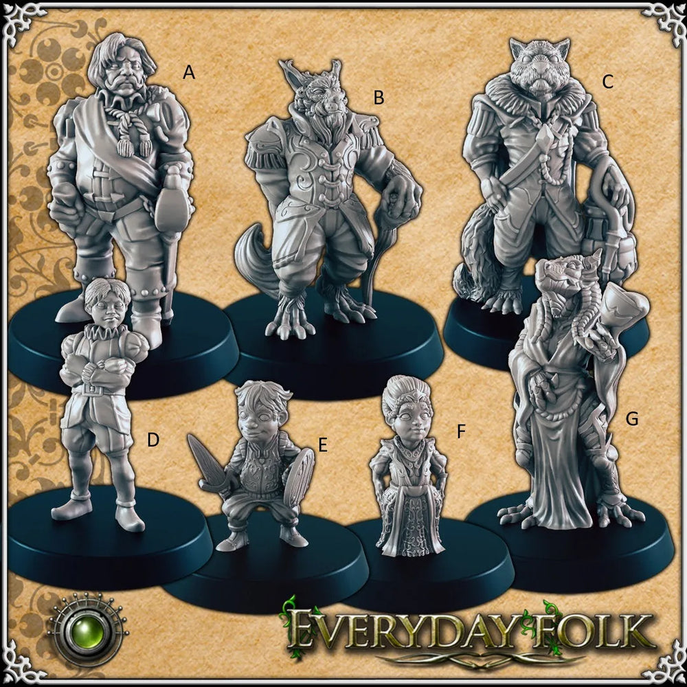 Upper-class Nobles & Kids mini set for DnD - EC3D | Townsfolk | Dragonfolk | Male | Female | Human | Cat | 28mm 32mm | Pathfinder | Fantasy