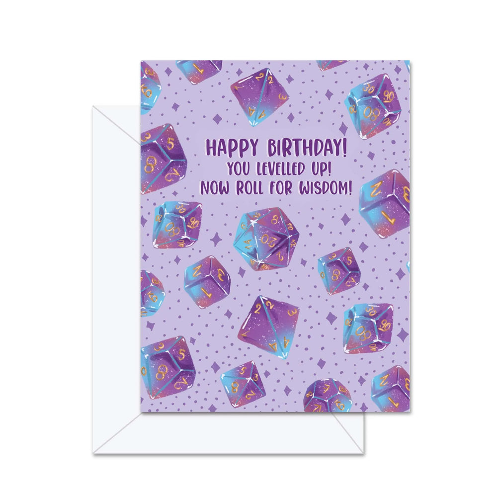 Joyeux Anniversaire ! Tu as monté de niveau ! Lance les dés pour la Sagesse ! - Carte de vœux