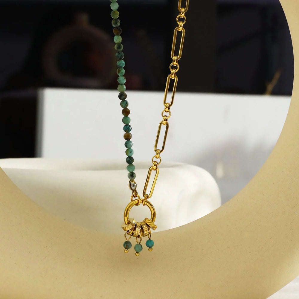 LYON: Boho-Chic African Turquoise Natural Stone Charm Pendant Gold Necklace