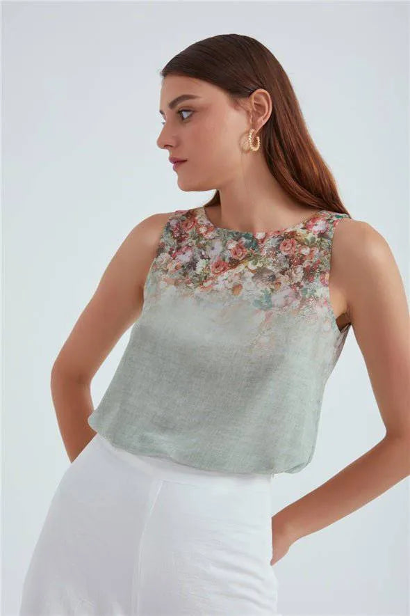Haut en georgette imprimé floral dégradé à col rond - Sauge