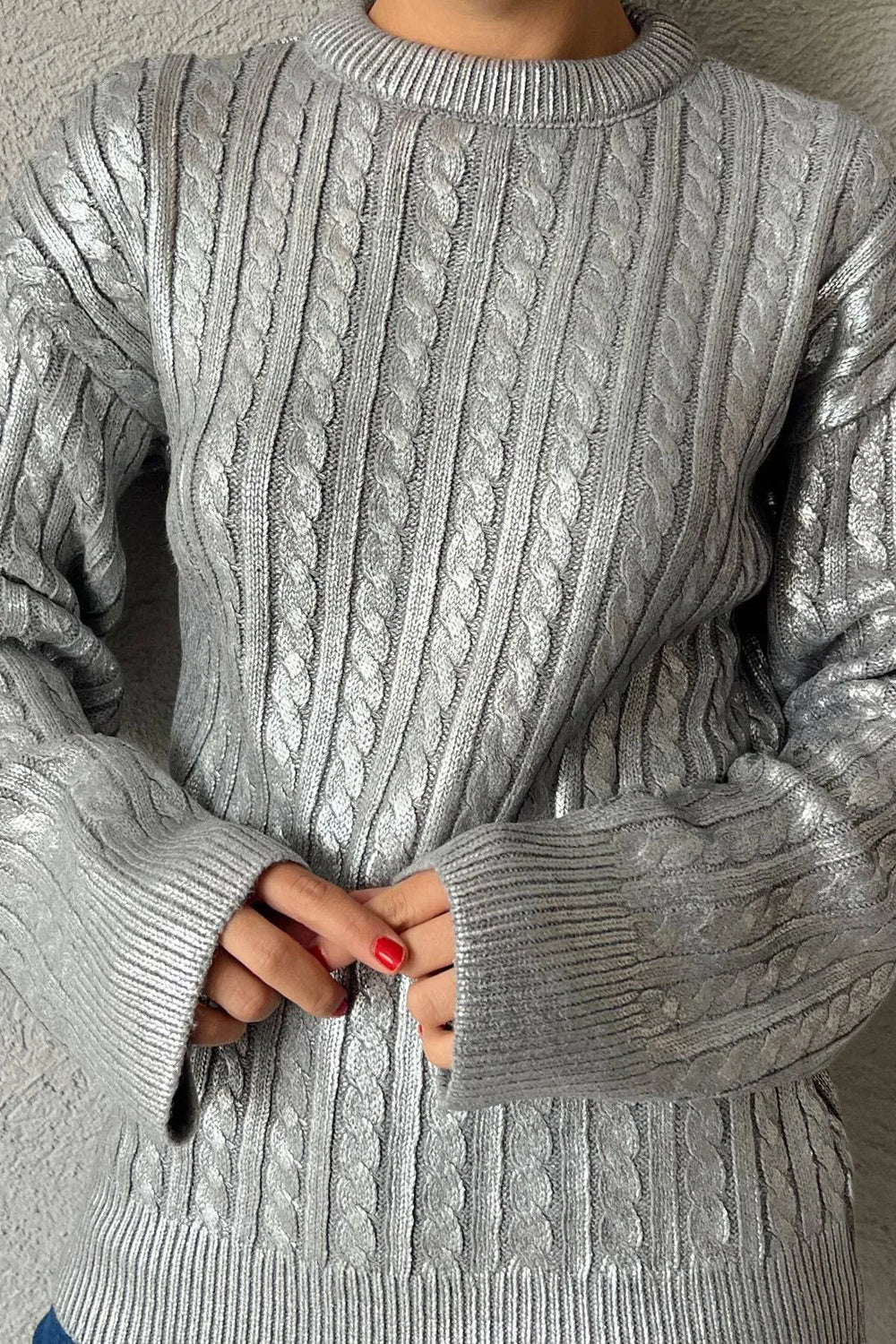 Chandail Tressé Feuille Argenté - Gris