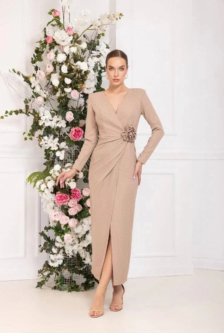 Robe Mi-longue Florale Manches V-Col - Beige Foncé