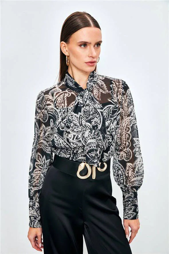 Chemise à col lavallière et camisole assortie - Georgette à motif - Noir