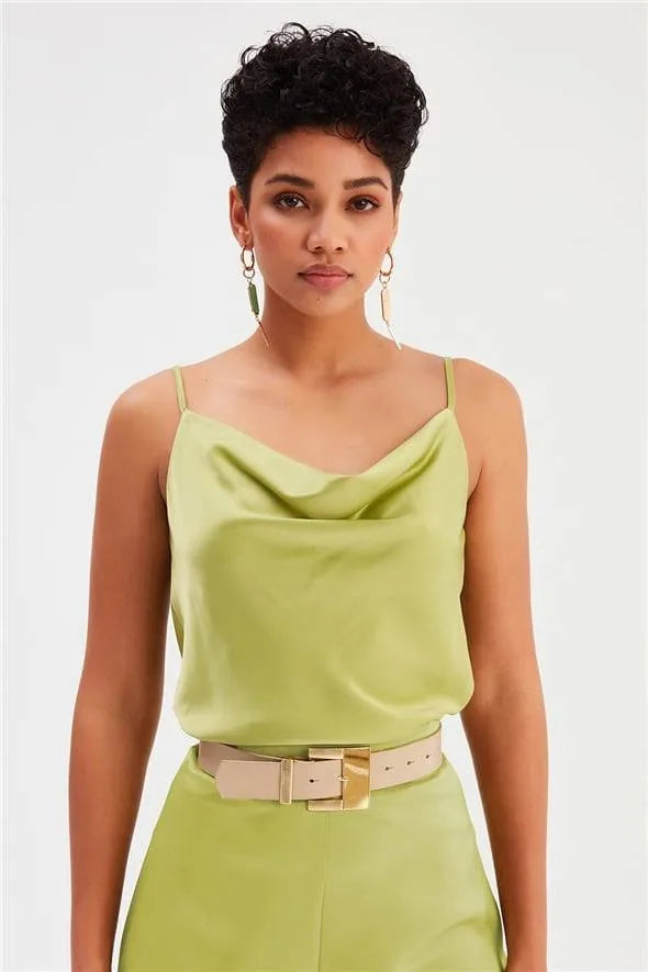 Débardeur en satin à encolure plongeante - Olive