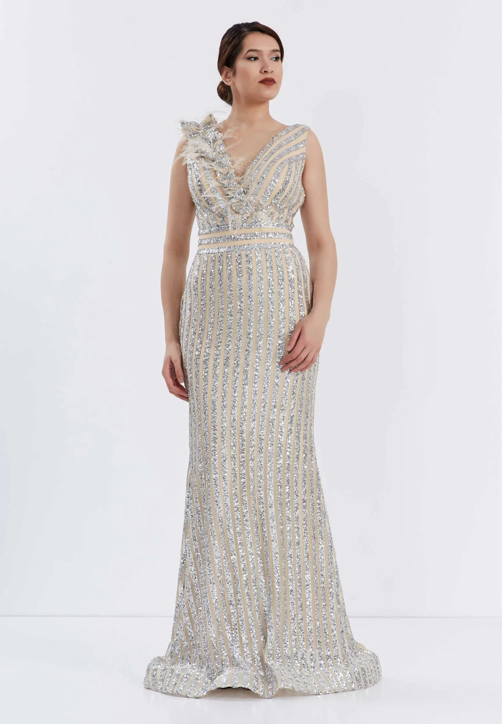 Robe de Soirée Longue Moulante à Sequins Sans Manches - Argent Beige