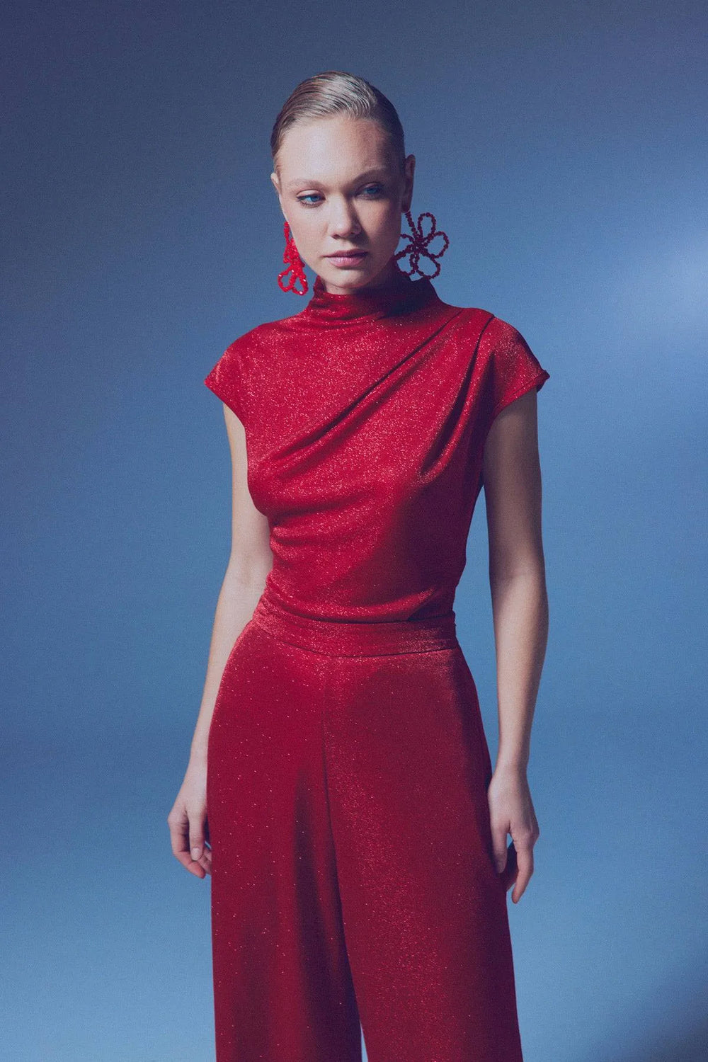 Glittery Mock Collar Bodysuit - Red