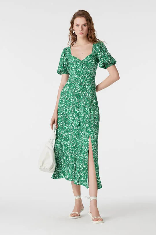 Robe mi-longue verte à manches bouffantes et imprimé floral avec fente latérale – Robe d'été