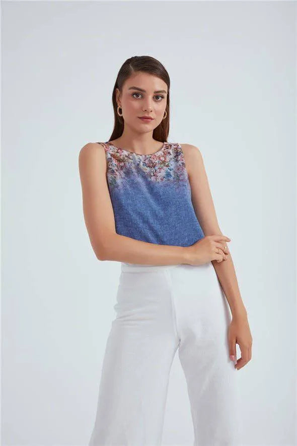 Haut en georgette imprimé floral dégradé à col rond - Bleu