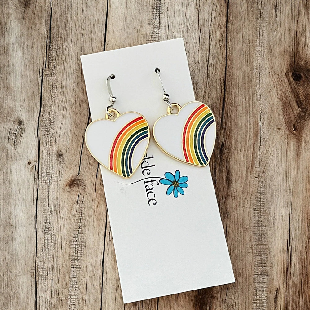 Rainbow Enamel Heart Earrings – White Enamel & Multicolor Rainbow