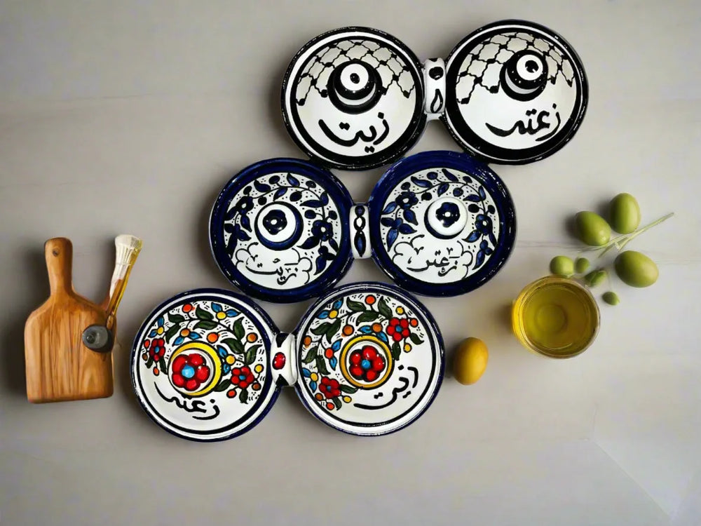 Bols en céramique faits à la main avec couvercles – Service pour huile d'olive et za'atar | Poterie palestinienne de Hébron | Divers motifs et designs