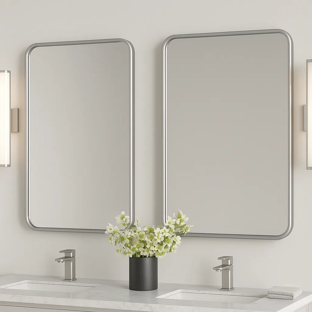 Miroir de salle de bain Ondelle rectangulaire aux coins arrondis — Cadre mince en métal, 4 tailles