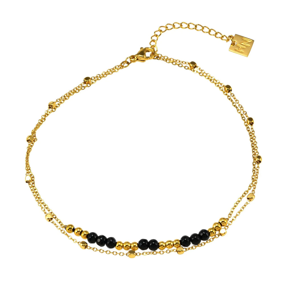 HILDA LG : Bracelet de cheville deux-en-un avec perles carrées et rondes, noir et or.