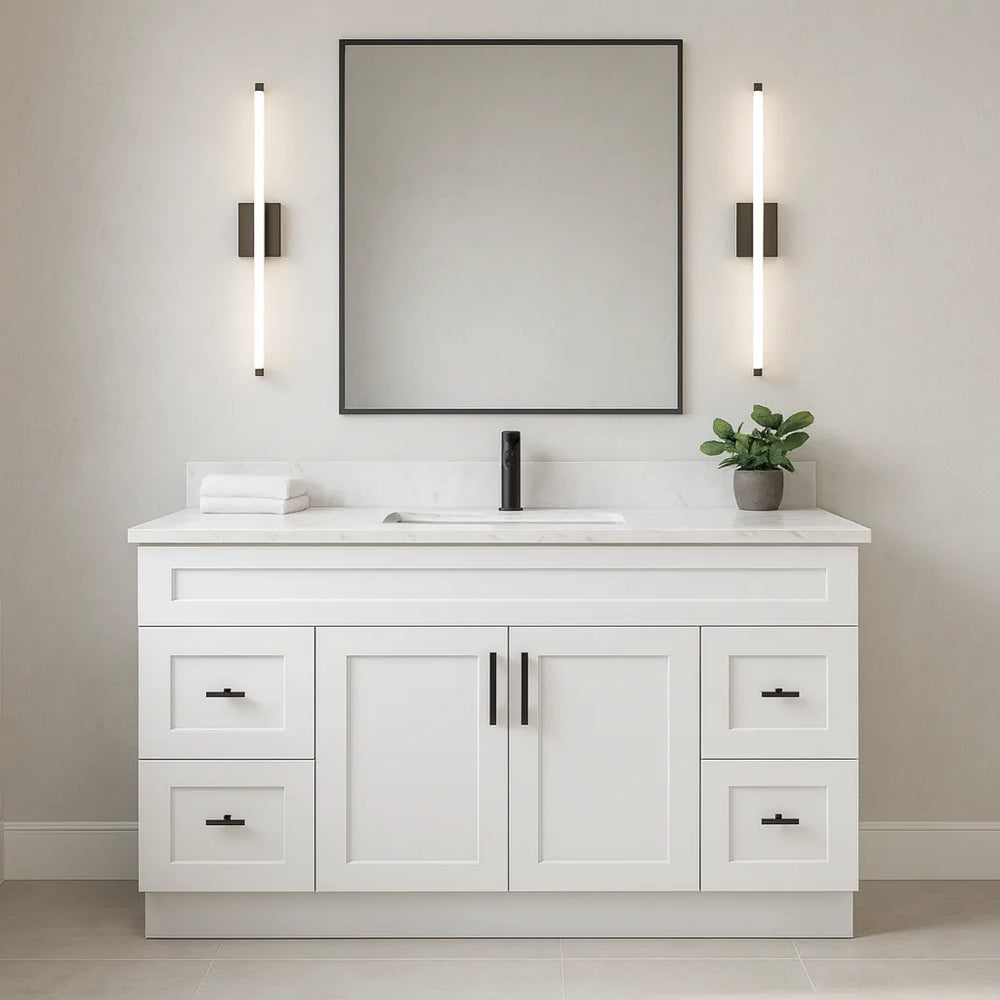 Meuble-lavabo simple Shaker de 72 pouces — Blanc ou gris | Caisson en contreplaqué, portes en bois massif, charnières à clipser à fermeture douce à 3 voies | 4 tiroirs, double porte centrale