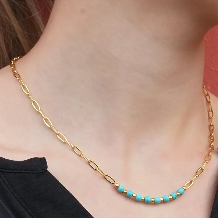 LIZBOA : Collier Combiné Chaîne à Maillons Trombone & Pierres CHALCHITE