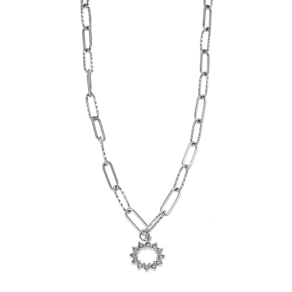 FRETTA: Radiant Star Shaped Pendant Zirconia Paper-Clip Chain Necklace in White Gold (Silver Toned)