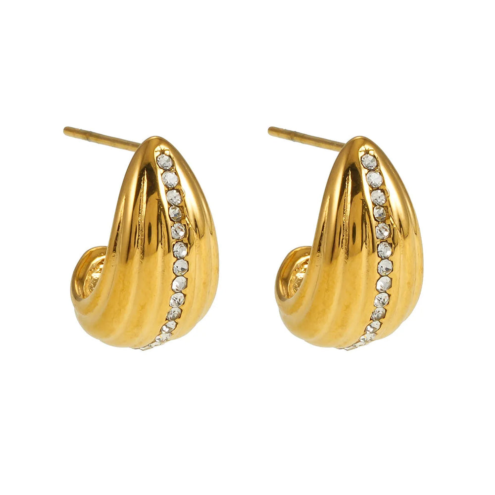 FERNDALE Gold: Stud Earrings with Textured Lines Highlighted with a Pavé Zirconia (CZ) Middle Row