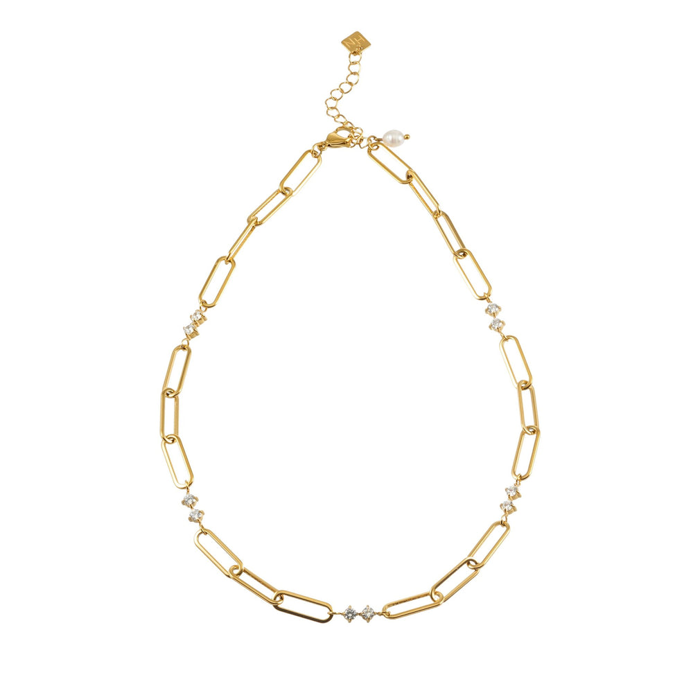 ELOPPINA Gold Necklace: Paper Clip Chain with Zirconia Accents & a Freshwater Pearl Charm