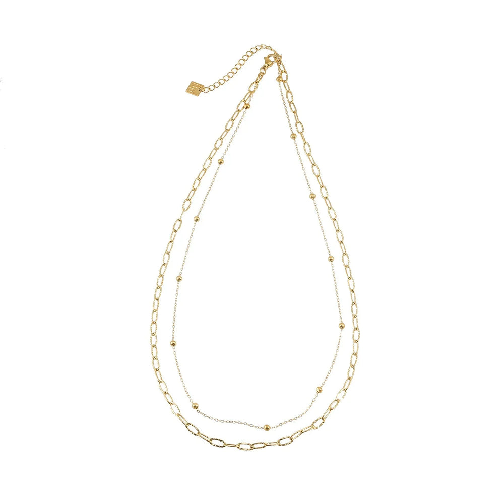 Collier CASTILIA Or : Chaîne à maillons et chaîne perlée superposées - Éclat en dualité.