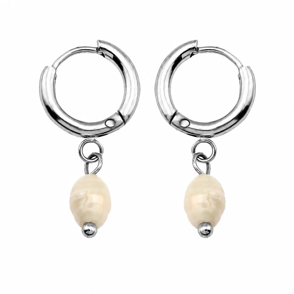 ALEX Silver (White Gold): Mini Hoop Earrings with Natural Freshwater Pearl Charm – Elegance in Every Detail