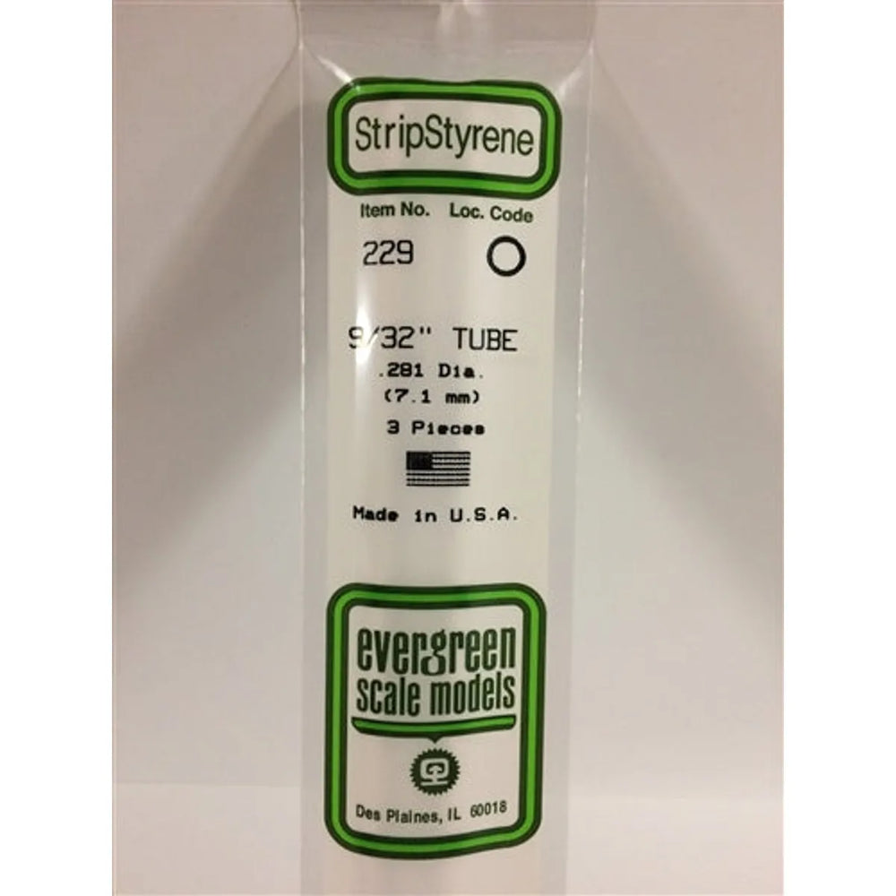 Evergreen Scale Models 229 Styrene Tube .281" (.71cm) Diameter Pkg of 3 NIB