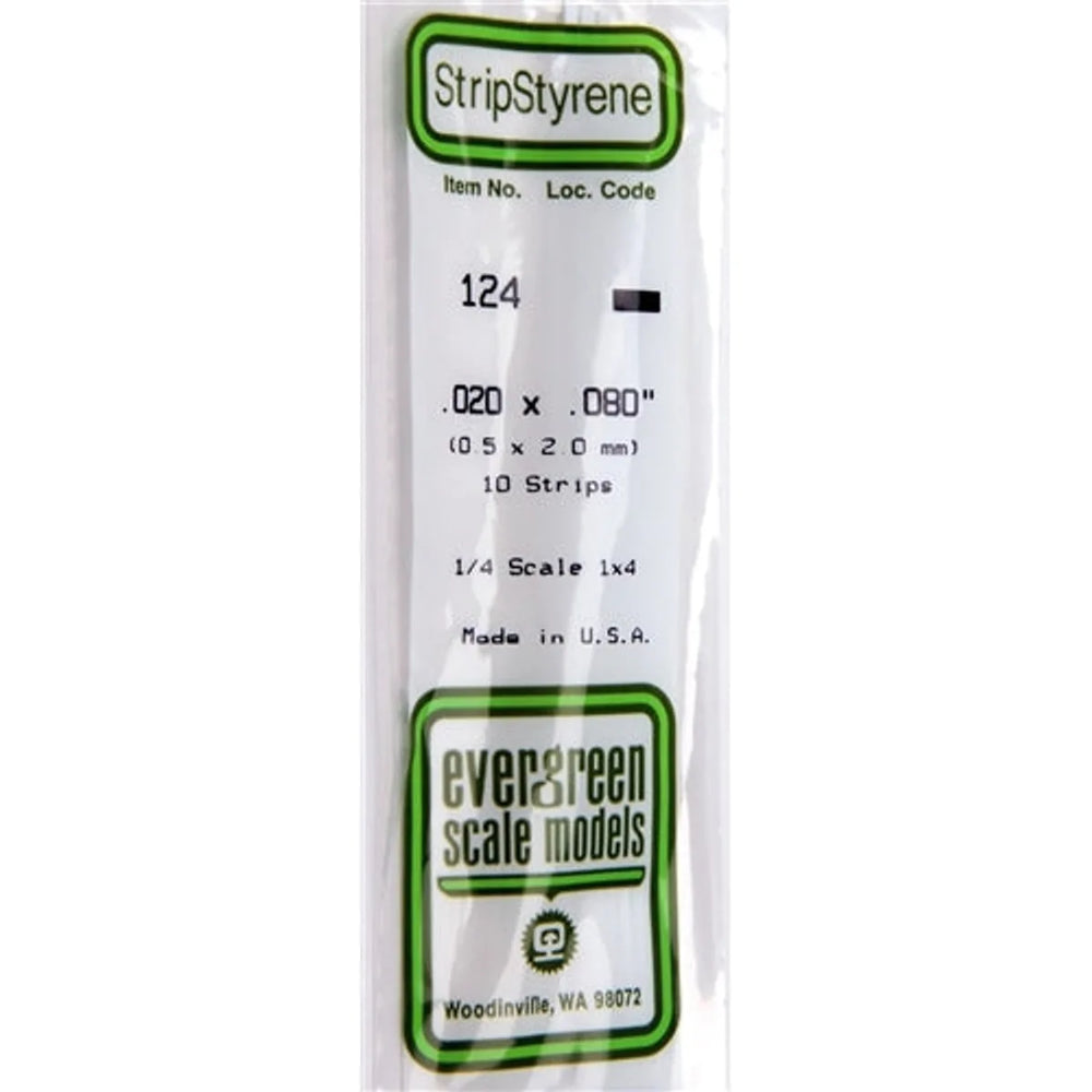 Evergreen Scale Models 124 Styrene Strip .020 X .080" (0.5 X 2.0mm) 10 strips NIB