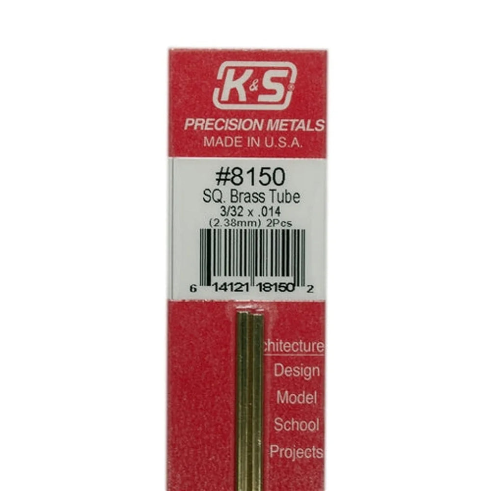 K&S Precision Metals #8150 Tube carré en laiton 3/32" x 12" Paquet de 2 NIB