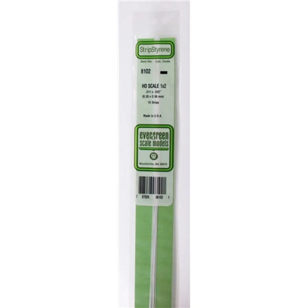 Evergreen Scale Models 8102 Bande de styrène 1x2 .011 x .022" (0,29 x 0,56 mm) 10 bandes NIB