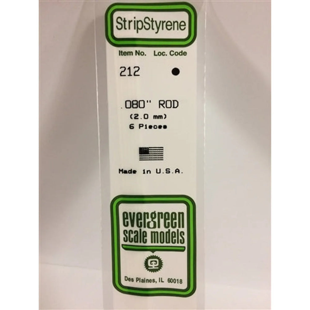 Evergreen Scale Models 212 Styrene Rod .080" (.20cm) Pkg of 6 NIB