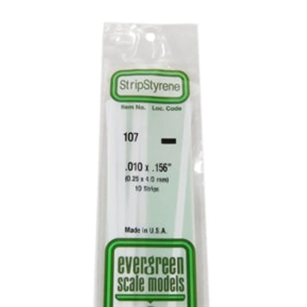 Evergreen Scale Models 107 Bande de styrène .010 x .156" (0,25 x 4,0 mm) 10 bandes NIB