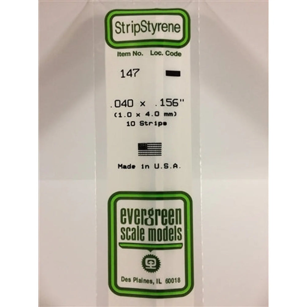 Evergreen Scale Models 147 Styrene Strips .040 x .156" (1.0 X 3.2mm) 10 strips NIB