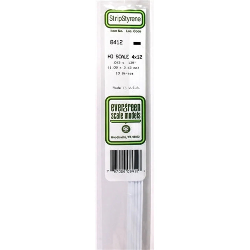Evergreen Scale Models 8412 Bande de styrène 4x12 0,043 x 0,135 po (1,09 x 3,43 mm) 10 bandes NIB