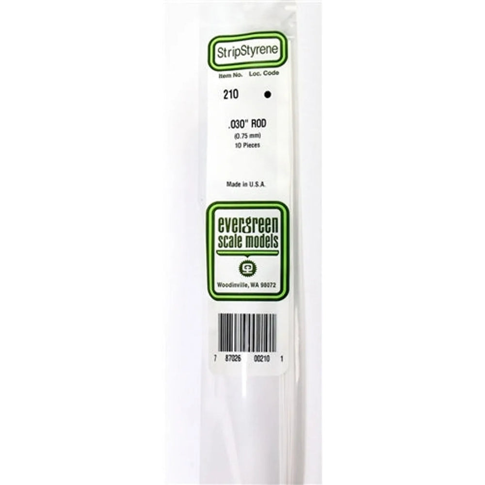 Evergreen Scale Models 210 Styrene Rod .030" (.75mm) Pkg of 10 NIB