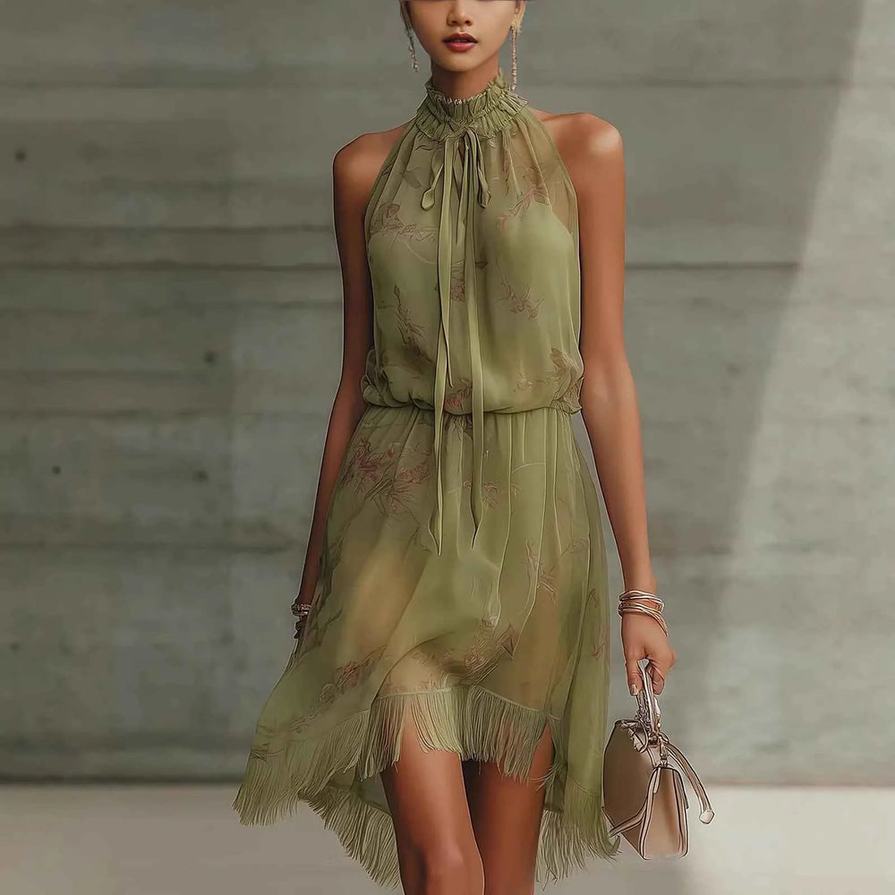 Robe à encolure en V avec volants et tie-dye pour femme - Robe élégante sans manches