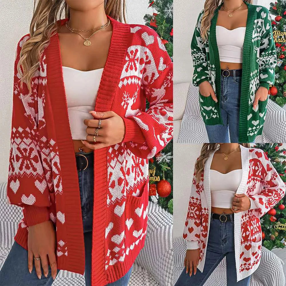 Cardigan de Noël avec cerfs pour femmes – Chandail en tricot ample avec poches pour l'hiver