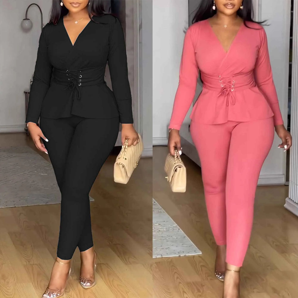 Ensemble deux pièces élégant pour femme à encolure en V – Haut à manches longues et pantalon chic pour le travail