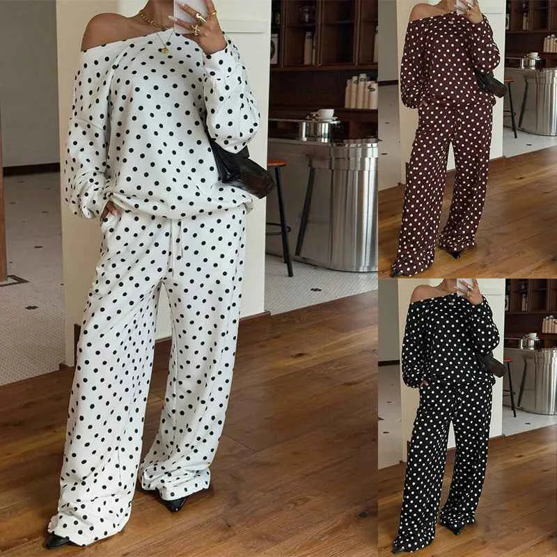 Ensemble deux pièces à pois pour femme – Chandail à manches longues et pantalon ample pleine longueur