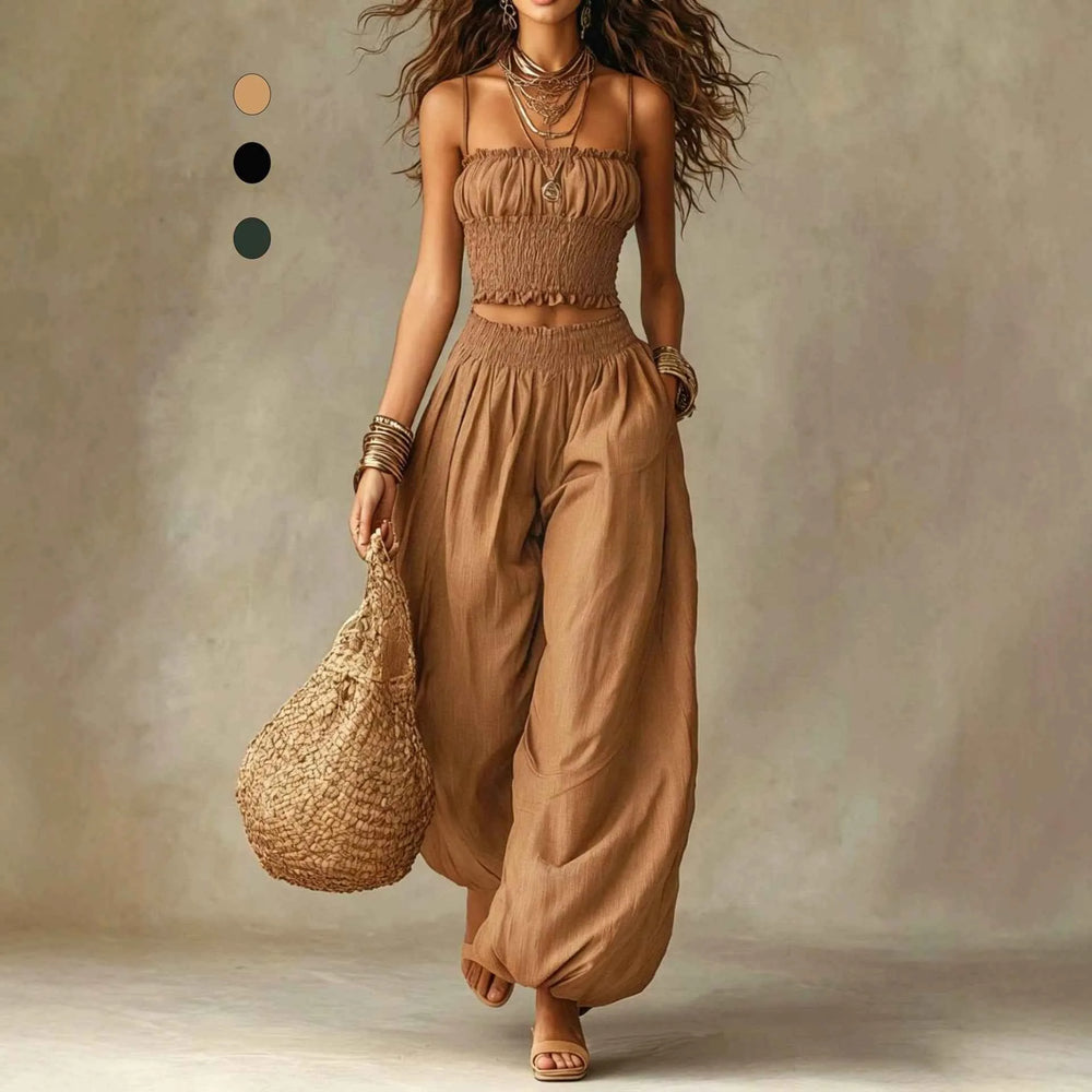 Ensemble deux pièces sans bretelles pour femme – Haut court et pantalon lanterne ample