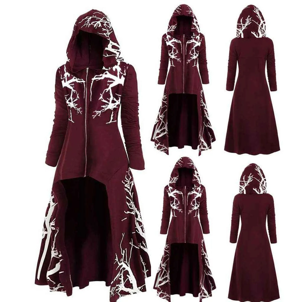 Gothic Halloween Cape Jacket for Women – Printed Long Sleeve Zip-Up Costume Coat