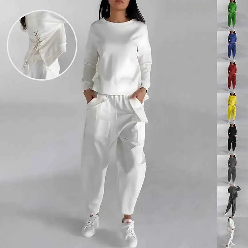 Fashion Women's Lounge Set – Solid Color Pullover Top and Wide Leg Trousers