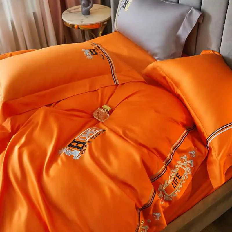 Ensemble de literie 4 pièces en coton brodé – Housse de couette moderne et ensemble floral pour chambre à coucher