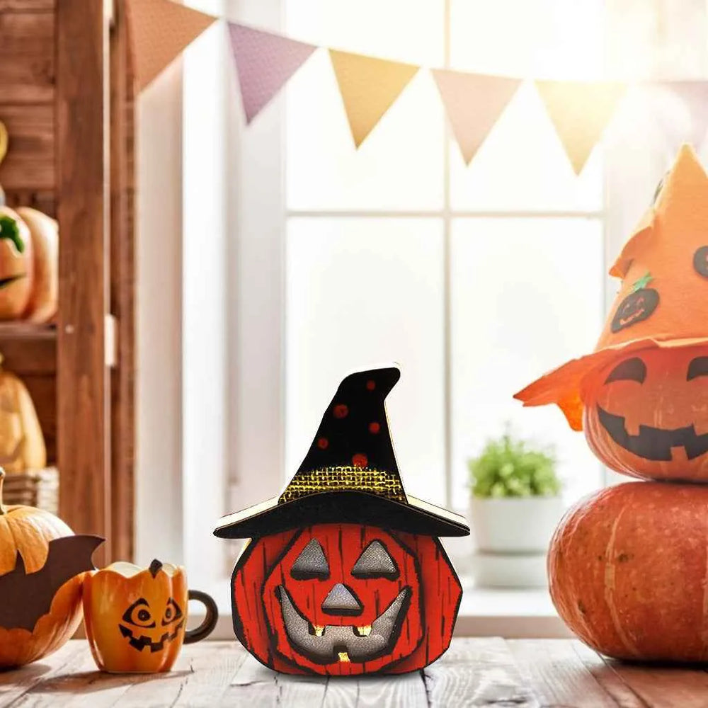 Lampe citrouille créative en bois pour l'Halloween – Lumière de citrouille décorative à DEL