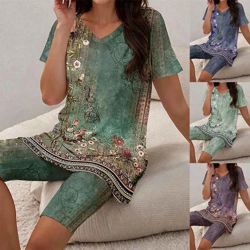 Ensemble deux pièces pour femmes à imprimé floral – T-shirt et short imprimés en 3D