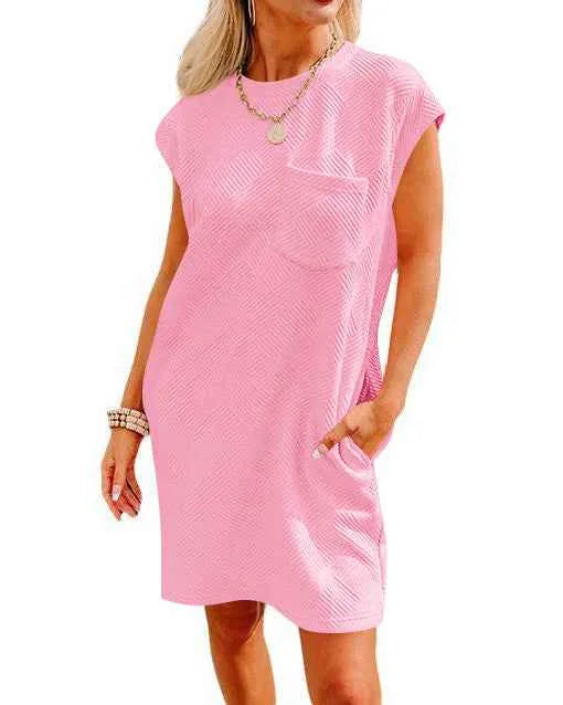 Robe d'été à col rond et manches courtes avec poches – Robe sportive ample et décontractée pour femmes