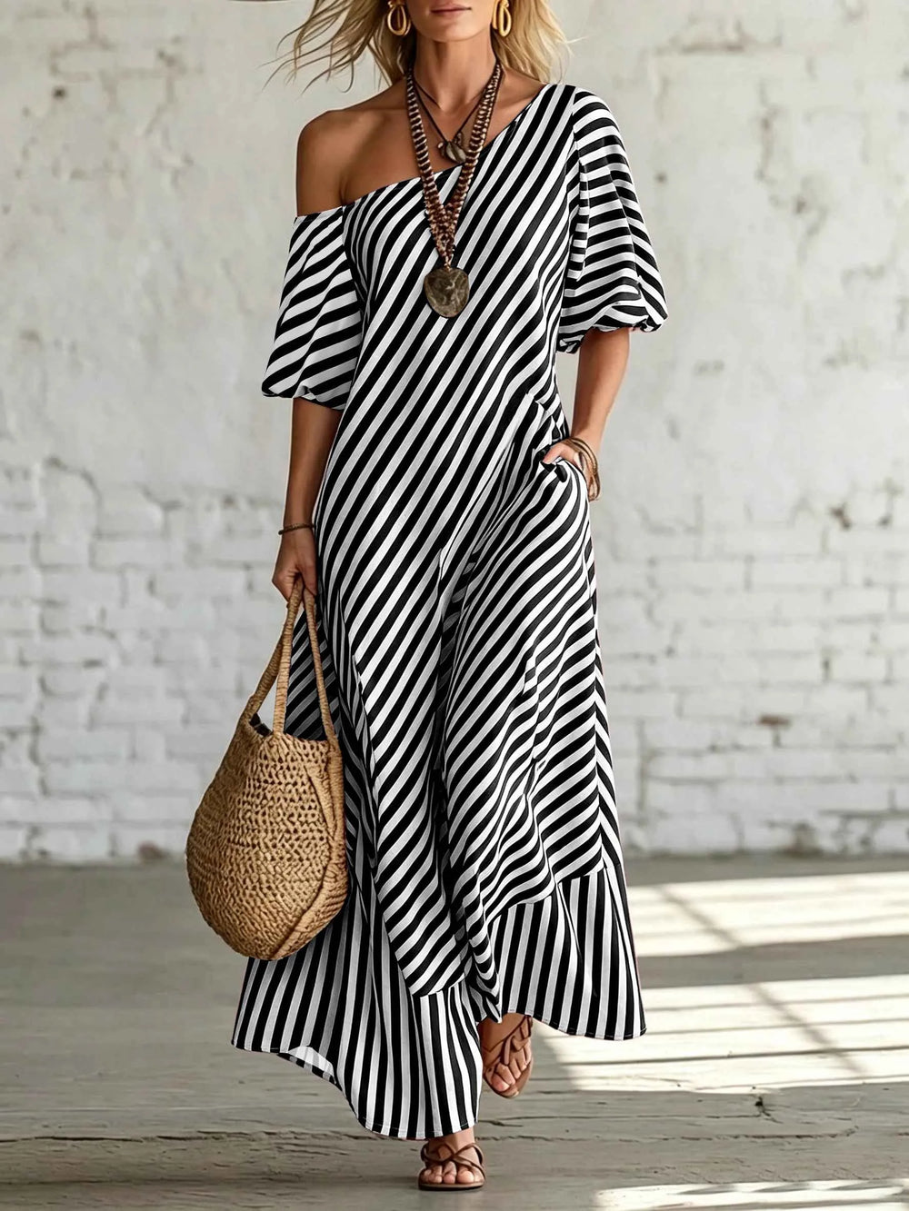 Asymmetrical One-Shoulder Striped Maxi Dress – Puff Sleeve Ruffle Hem Loose Vacation Dress with Pockets