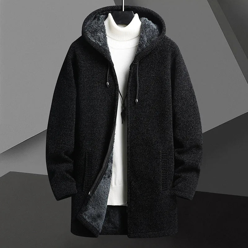Men’s Fleece-Lined Hooded Cardigan Sweater – Mid-Length Zip-Up Winter Jacket