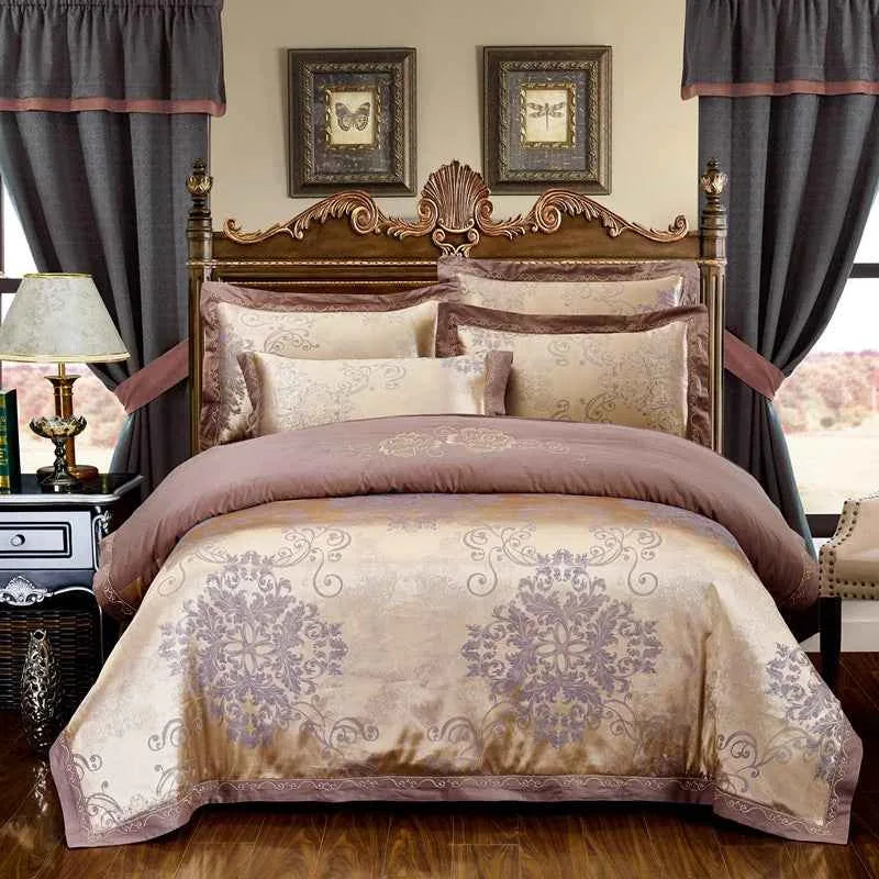 Ensemble de literie 4 pièces en coton jacquard – Housse de couette et parure de draps brodés floraux pour mariage