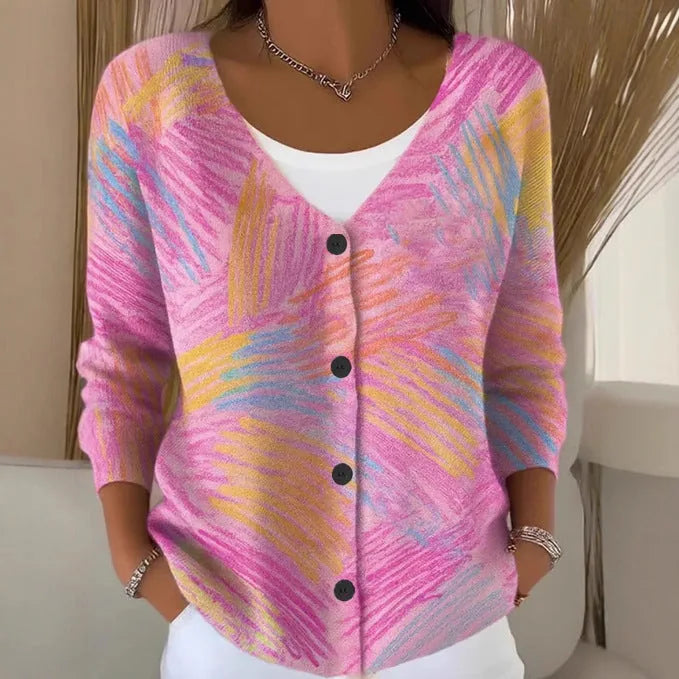 Cardigan en tricot imprimé pour femmes avec boutons – Chandail à manches longues à motif décontracté